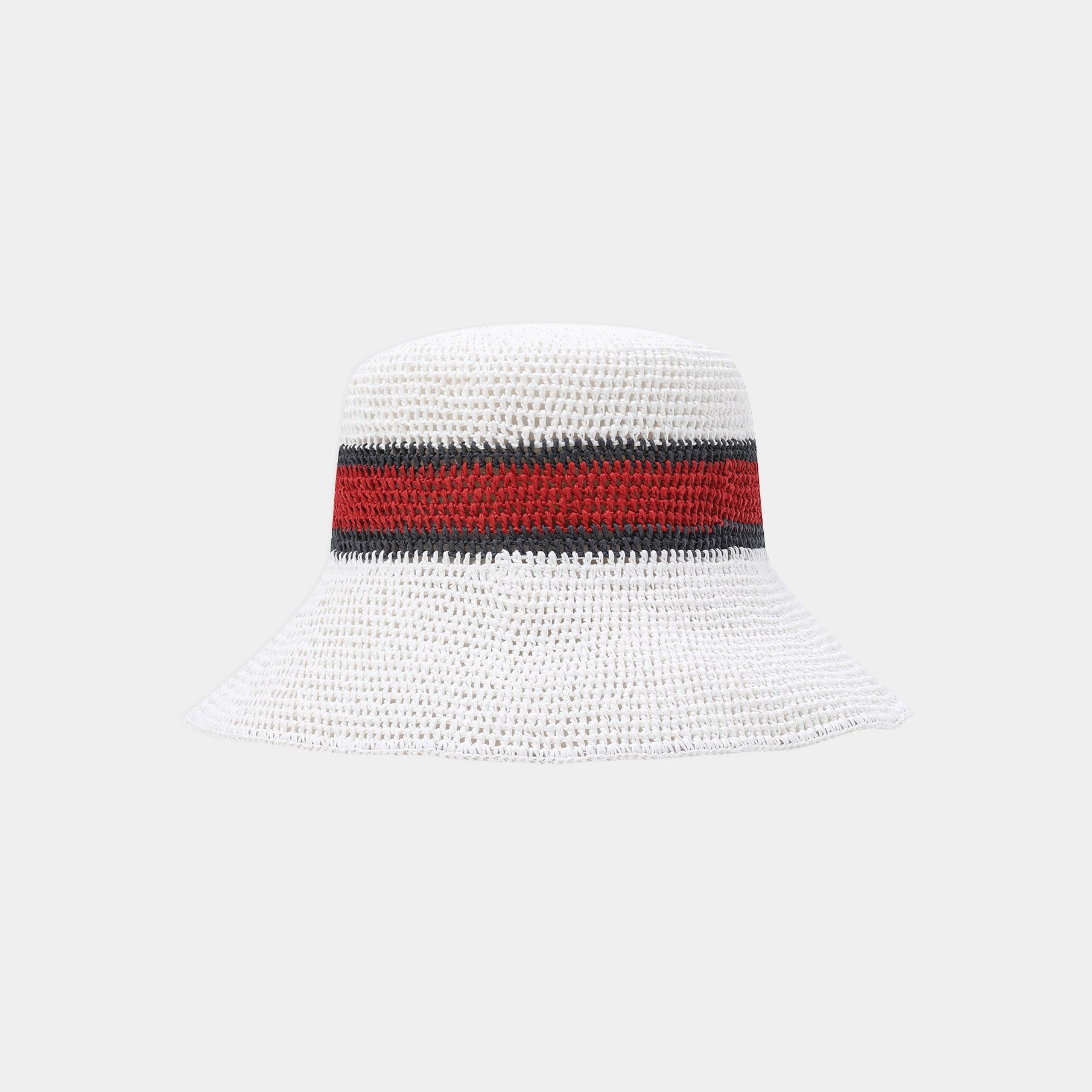 A white woven bucket hat featuring a distinctive red and black striped band around the crown, set against a solid light gray background.