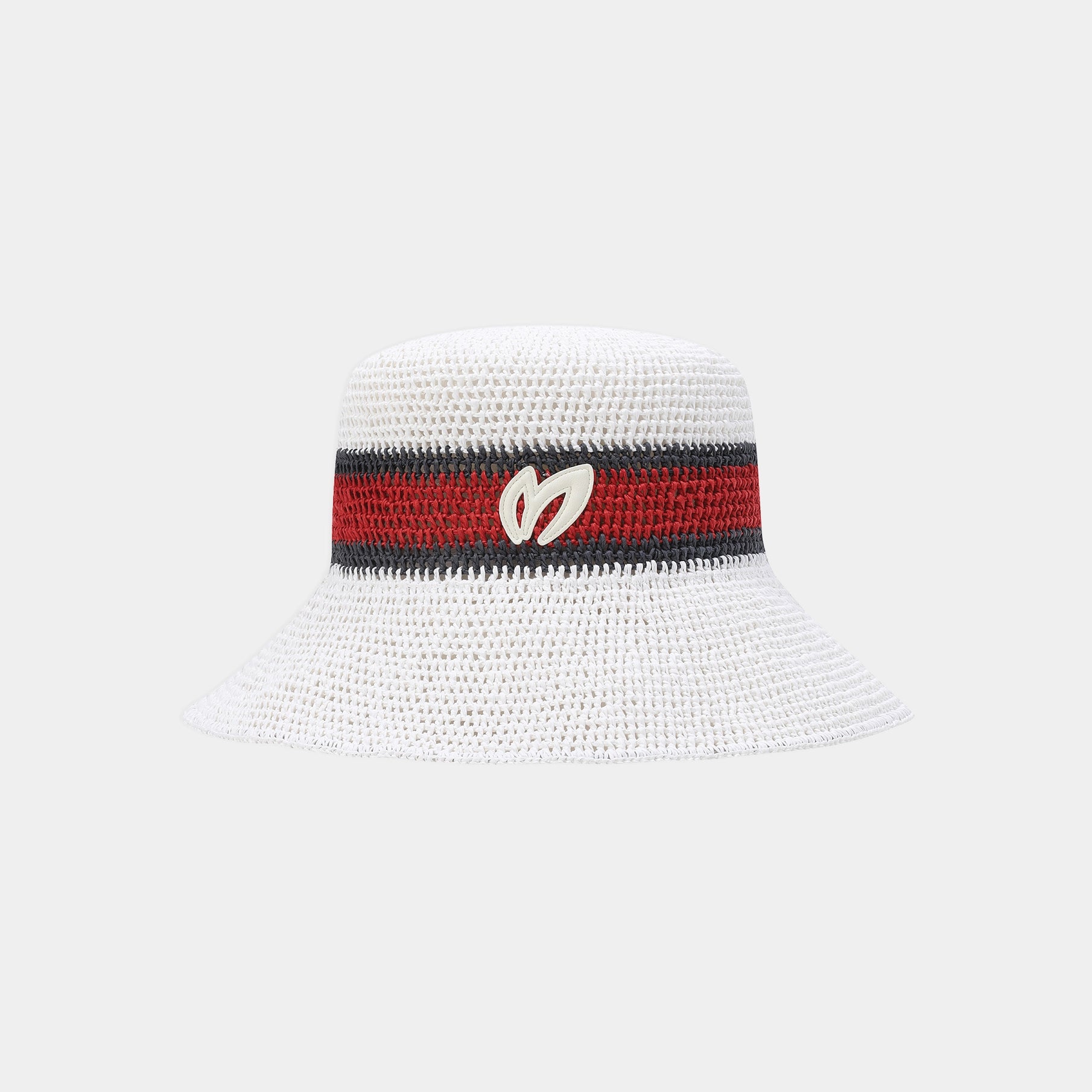 A white woven bucket hat featuring a red and black striped band around the crown with a white stylized 'M' logo in the center, set against a light gray background.