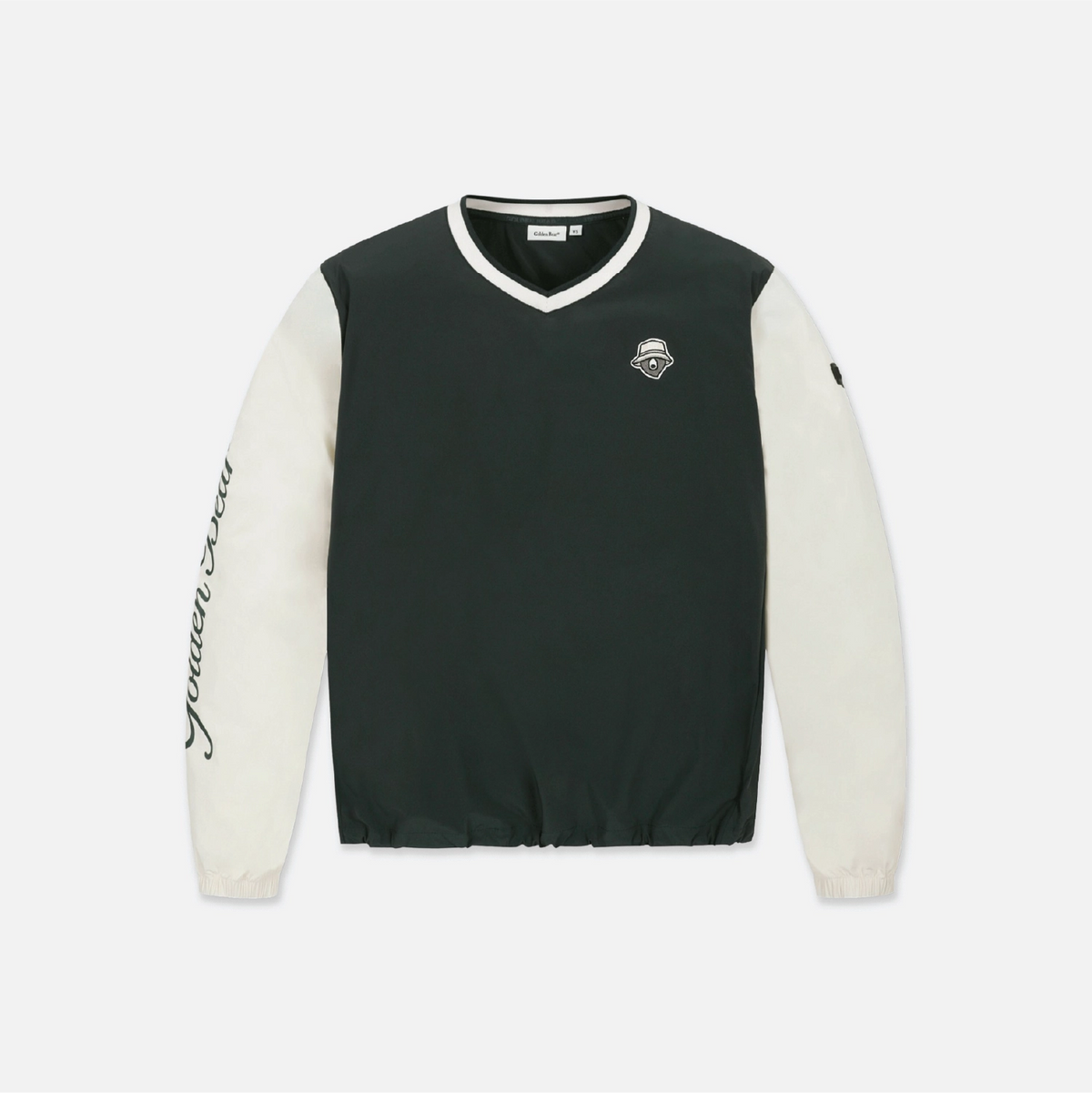 A long-sleeve pullover sweatshirt with a dark forest green body and off-white sleeves, featuring a white V-neck collar, a small diamond-shaped chest logo, and 'Joshua 24' printed in black script down one sleeve, shown on a light gray background.