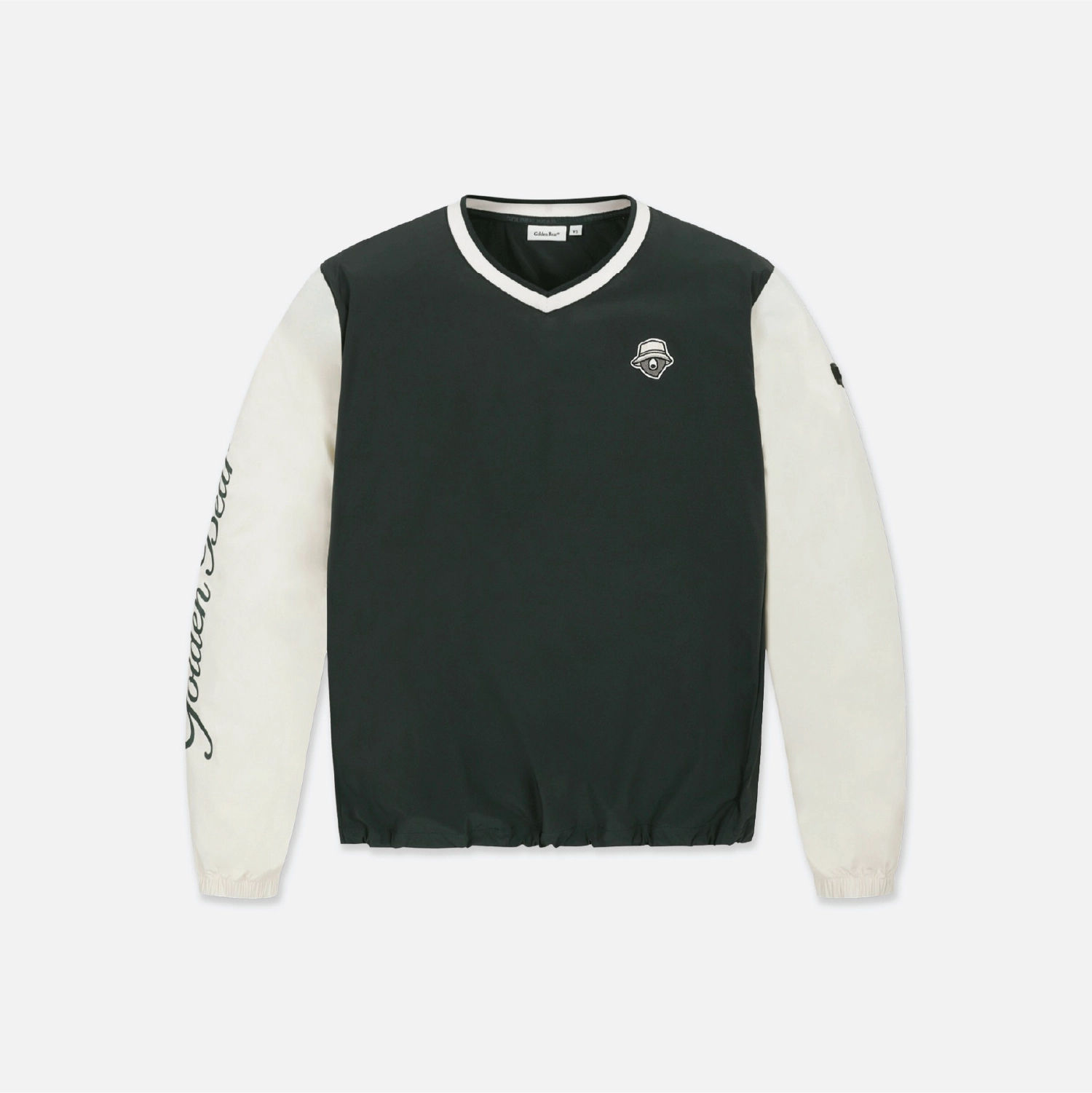 A long-sleeve pullover sweatshirt with a dark forest green body and off-white sleeves, featuring a white V-neck collar, a small diamond-shaped chest logo, and 'Joshua 24' printed in black script down one sleeve, shown on a light gray background.