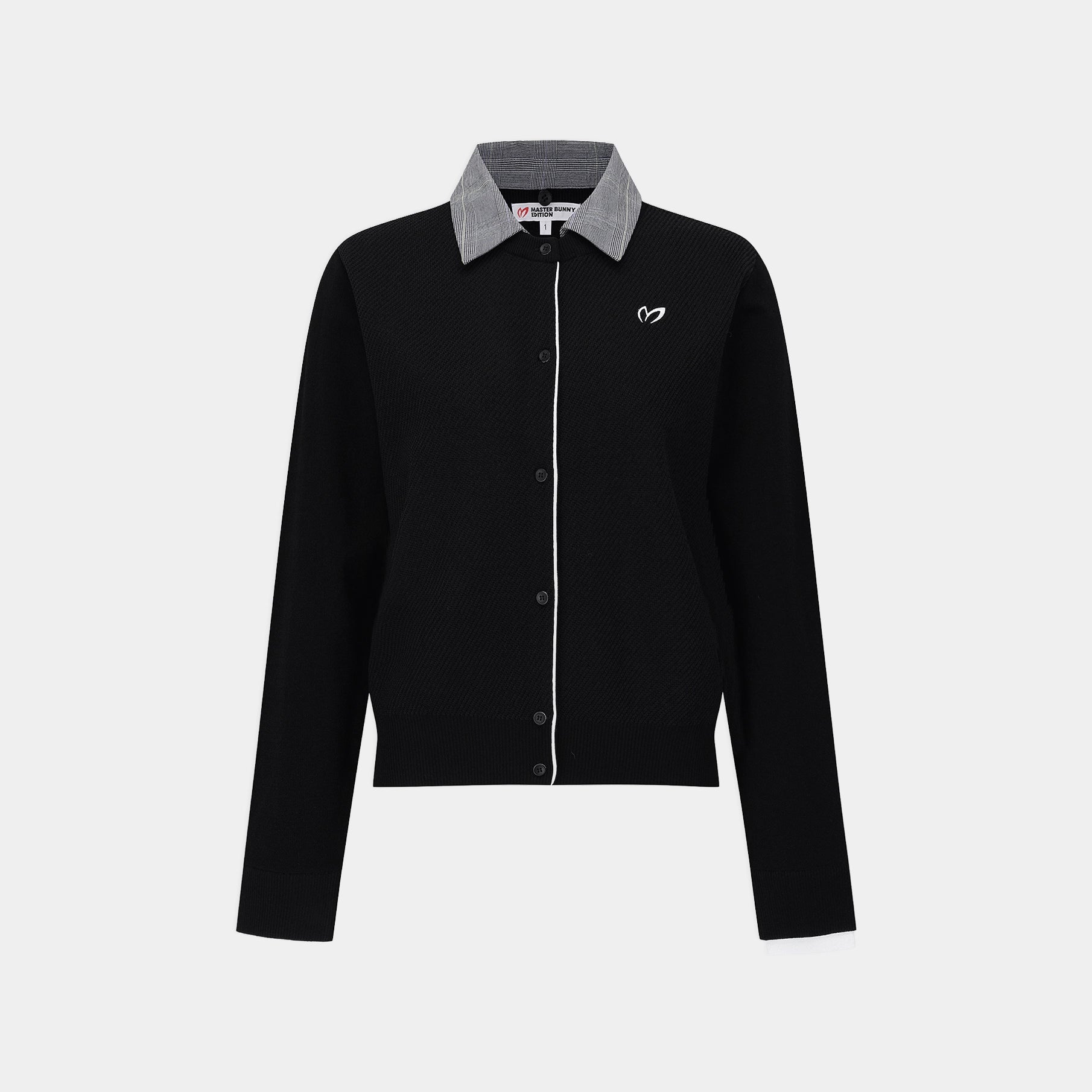 A black knit cardigan sweater with a gray patterned collar, featuring a white piping detail down the front and a small white embroidered logo on the left chest, displayed on a light gray background.