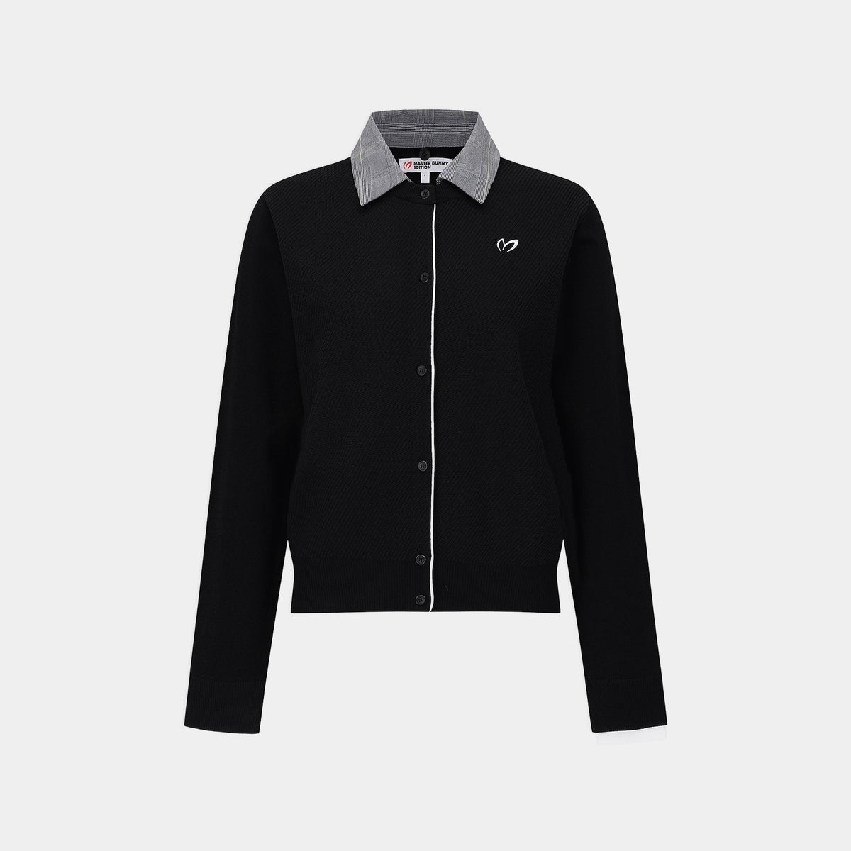 A black knit cardigan sweater with a gray patterned collar, featuring a white piping detail down the front and a small white embroidered logo on the left chest, displayed on a light gray background.