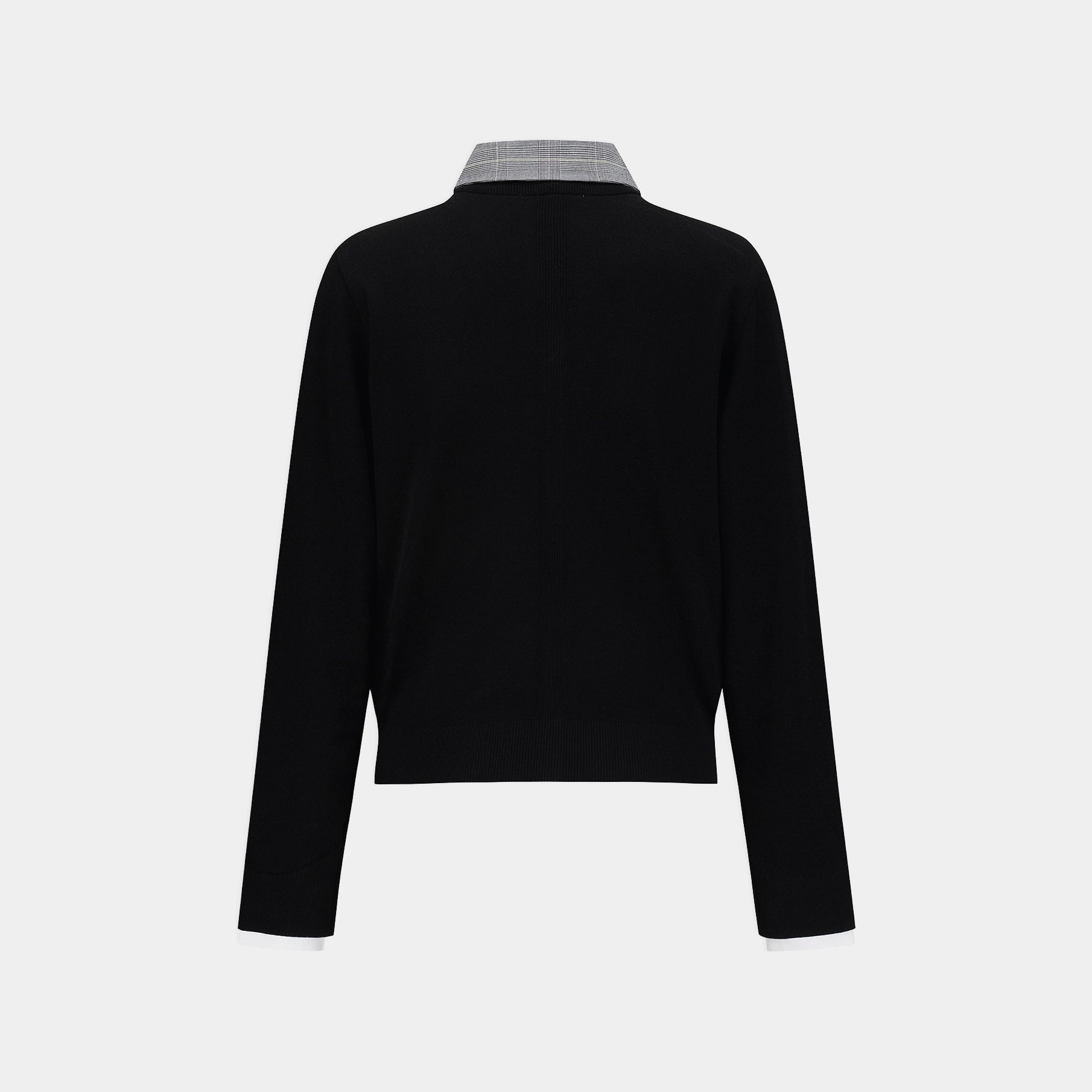A black long-sleeve knit top shown from the back, featuring a contrasting light gray and white plaid collar, displayed on a clean light gray background.