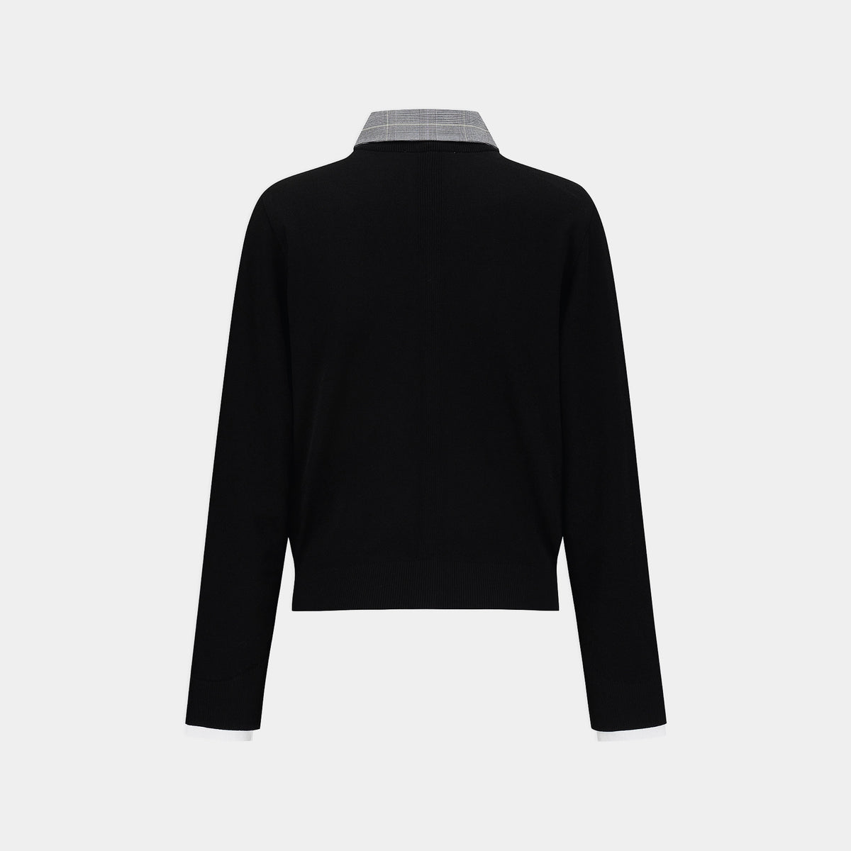 A black long-sleeve knit top shown from the back, featuring a contrasting light gray and white plaid collar, displayed on a clean light gray background.