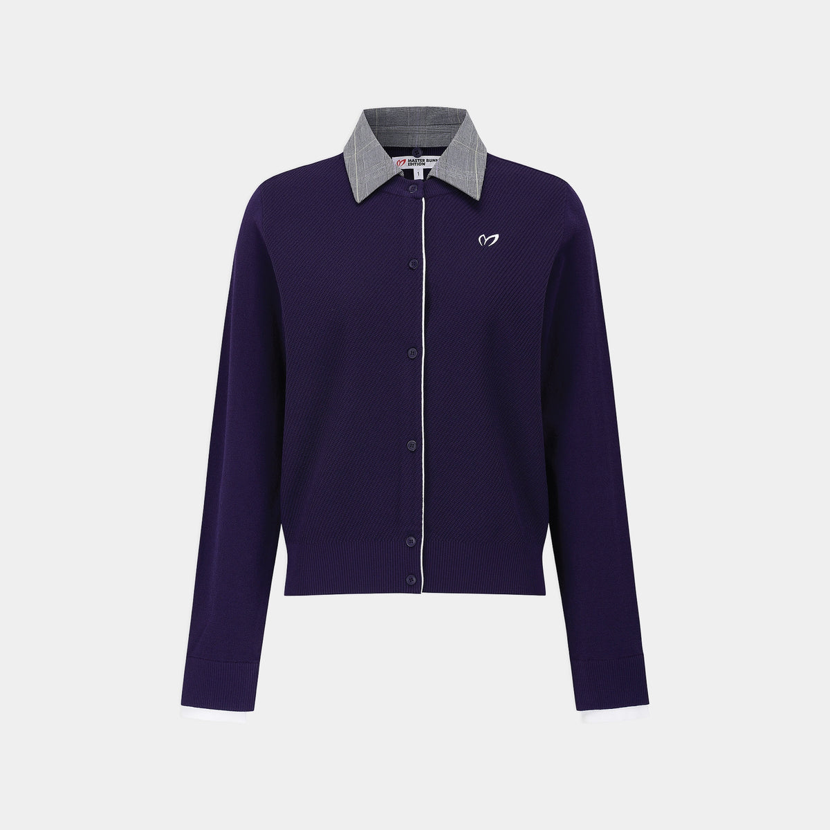 A dark purple knit button-up cardigan with a contrasting gray textured collar, shown on a light gray background.