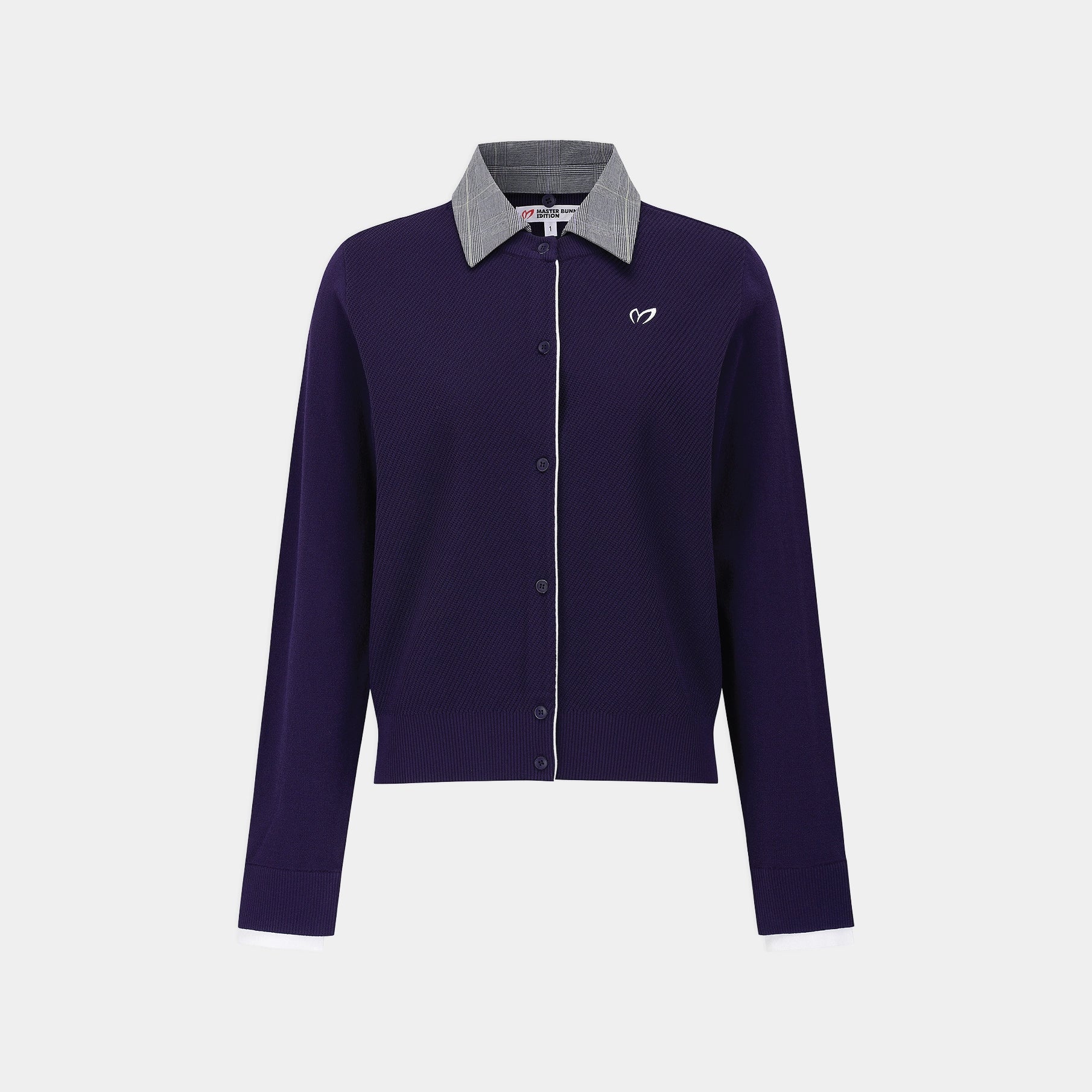 A dark purple knit button-up cardigan with a contrasting gray textured collar, shown on a light gray background.