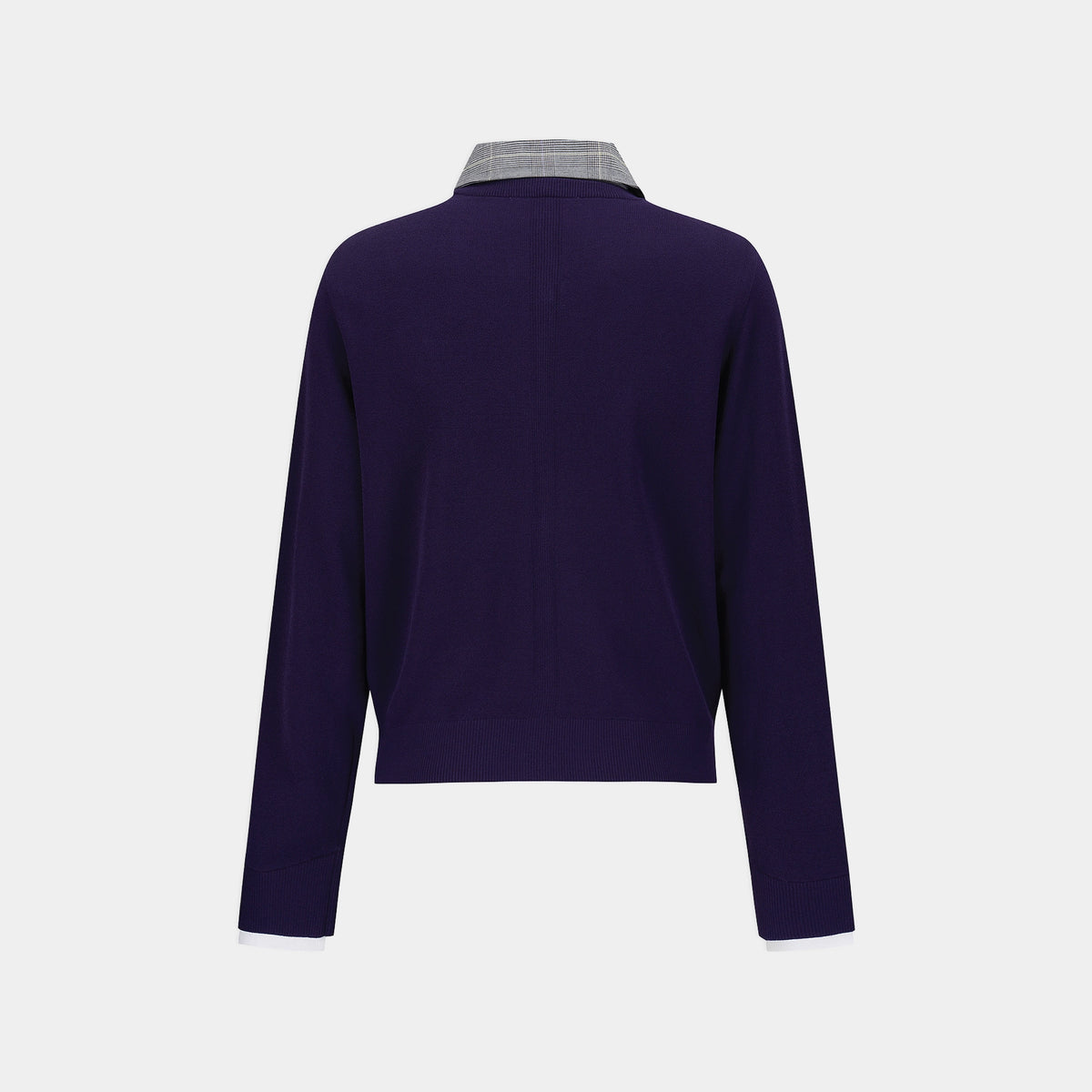 A dark purple knit sweater with long sleeves and a mock neck, featuring a contrasting light gray and white plaid collar, shown from the back on a light gray background.