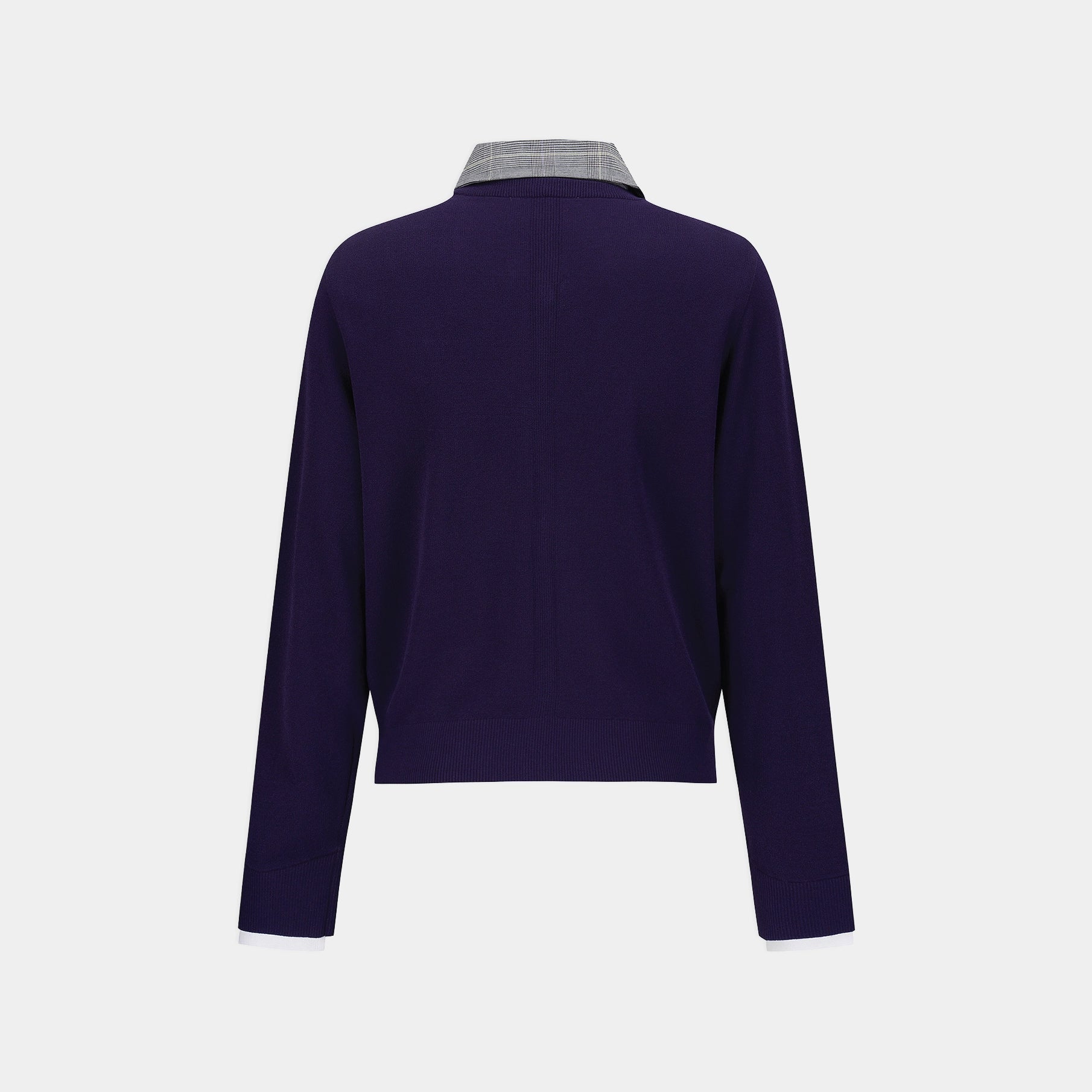 A dark purple knit sweater with long sleeves and a mock neck, featuring a contrasting light gray and white plaid collar, shown from the back on a light gray background.