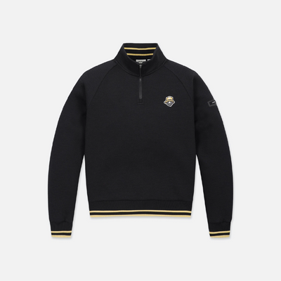 A black quarter-zip pullover sweatshirt with yellow stripe accents on the collar, hem, and cuffs, featuring a small shield logo on the left chest, displayed on a light gray background.
