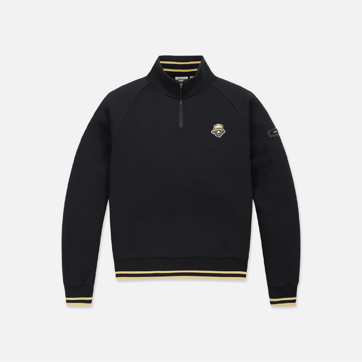 A black quarter-zip pullover sweatshirt with yellow stripe accents on the collar, hem, and cuffs, featuring a small shield logo on the left chest, displayed on a light gray background.