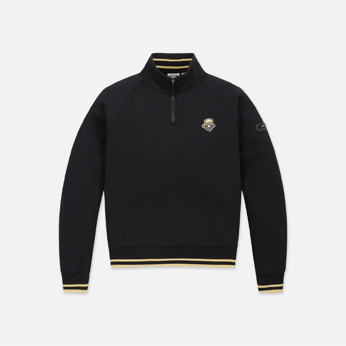 A black quarter-zip pullover sweatshirt with yellow stripe accents on the collar, hem, and cuffs, featuring a small shield logo on the left chest, displayed on a light gray background.