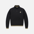 A black quarter-zip pullover sweatshirt with yellow stripe accents on the collar, hem, and cuffs, featuring a small shield logo on the left chest, displayed on a light gray background.