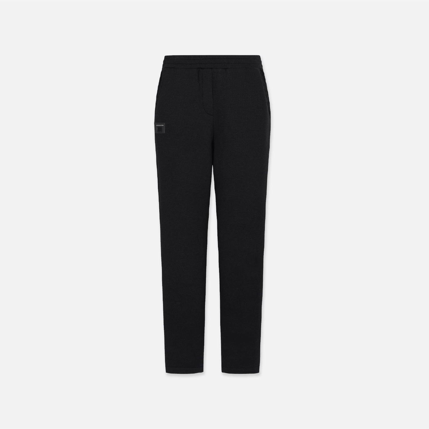 Black slim-fit trousers shown flat against a light gray background.