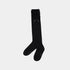 A pair of black over-the-knee socks with a fluffy black faux-fur trim at the top and textured grip dots on the toes, shown against a light gray background.
