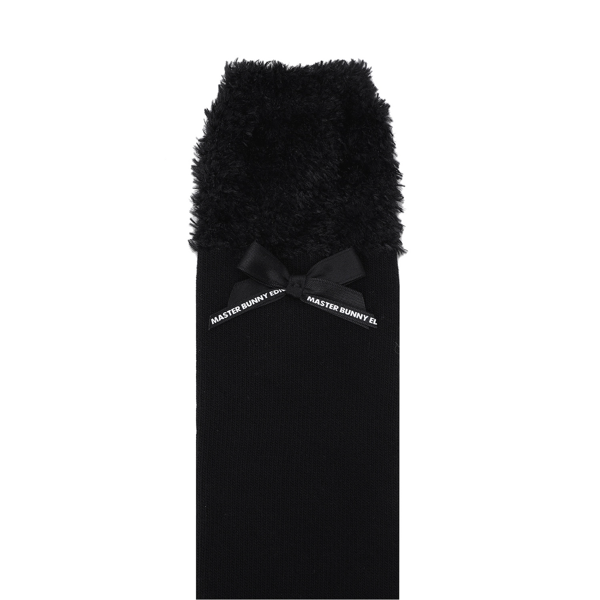 A single black sock with a fluffy black faux-fur cuff and a black ribbon bow at the top. The ribbon is printed with the white text 'MASTER BUNNY EDITION' on both sides.