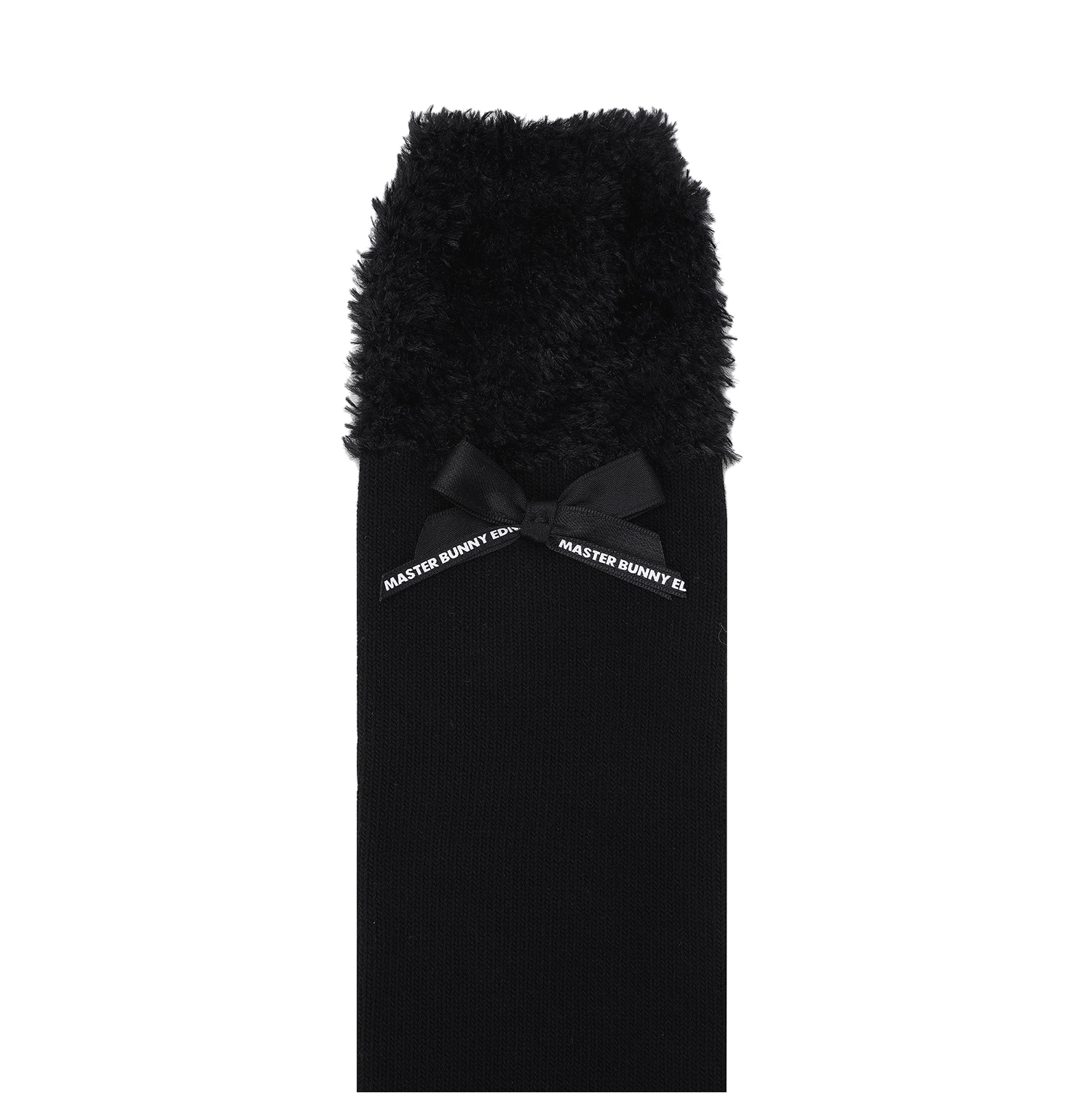 A single black sock with a fluffy black faux-fur cuff and a black ribbon bow at the top. The ribbon is printed with the white text 'MASTER BUNNY EDITION' on both sides.