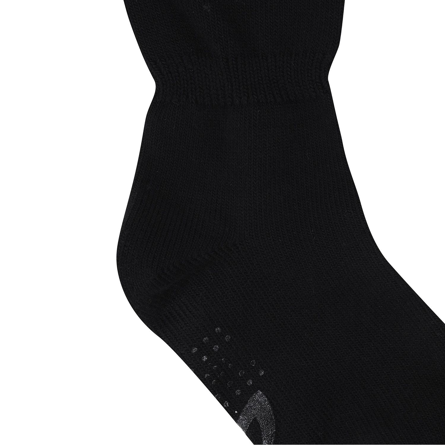A close-up of a black athletic sock showing the ribbed ankle cuff and textured grip dots on the sole, set against a plain white background.