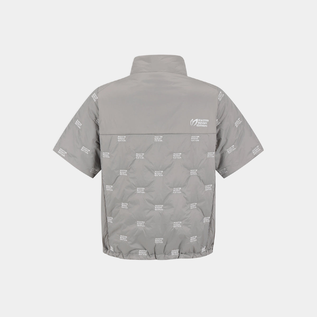 A light gray short-sleeve puffer vest shown from the back, featuring a quilted design with a subtle repeating white logo pattern and a small white logo on the upper right back.