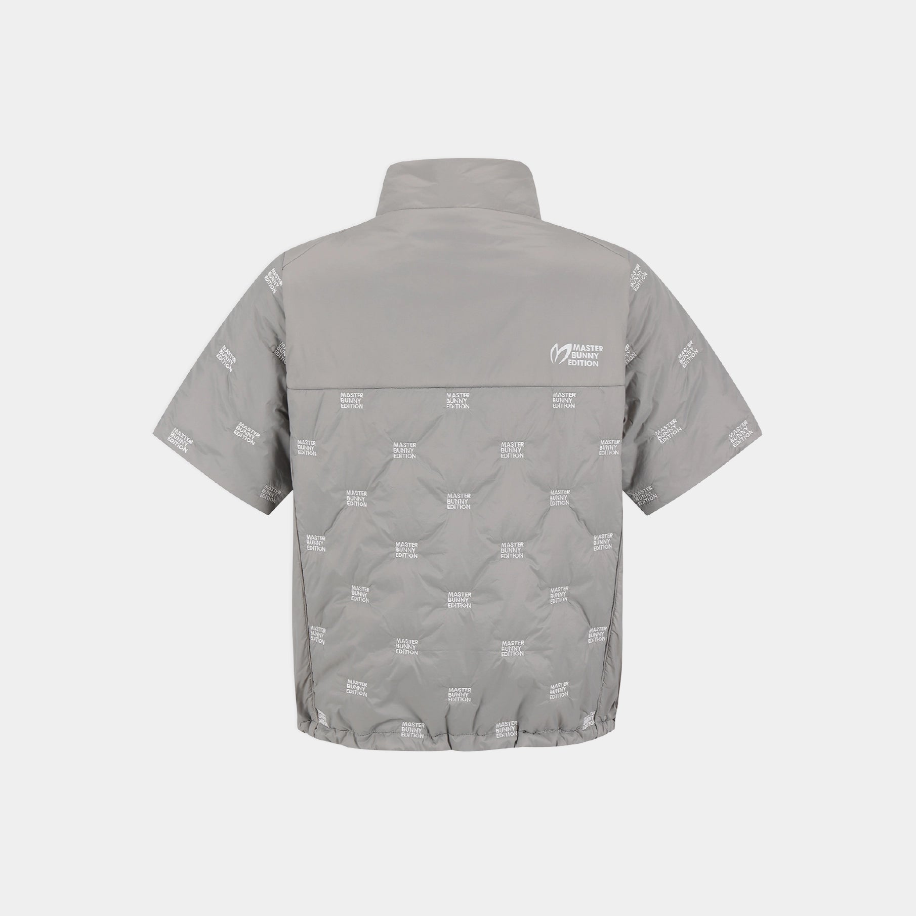 A light gray short-sleeve puffer vest shown from the back, featuring a quilted design with a subtle repeating white logo pattern and a small white logo on the upper right back.