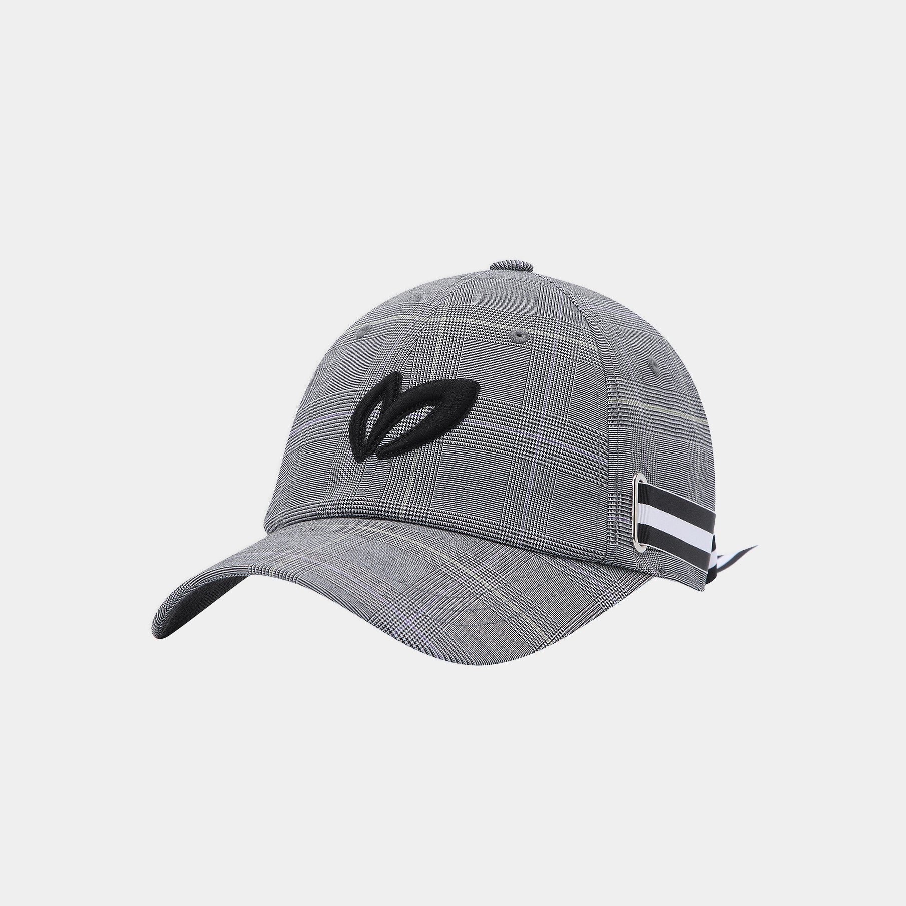 A gray plaid baseball cap with a black embroidered logo on the front and a black-and-white striped accent tab on the side, shown against a light gray background.