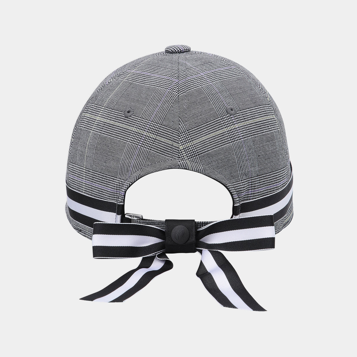 A gray and black plaid baseball cap shown from the back, featuring a black and white striped ribbon bow with a snap closure on the back.