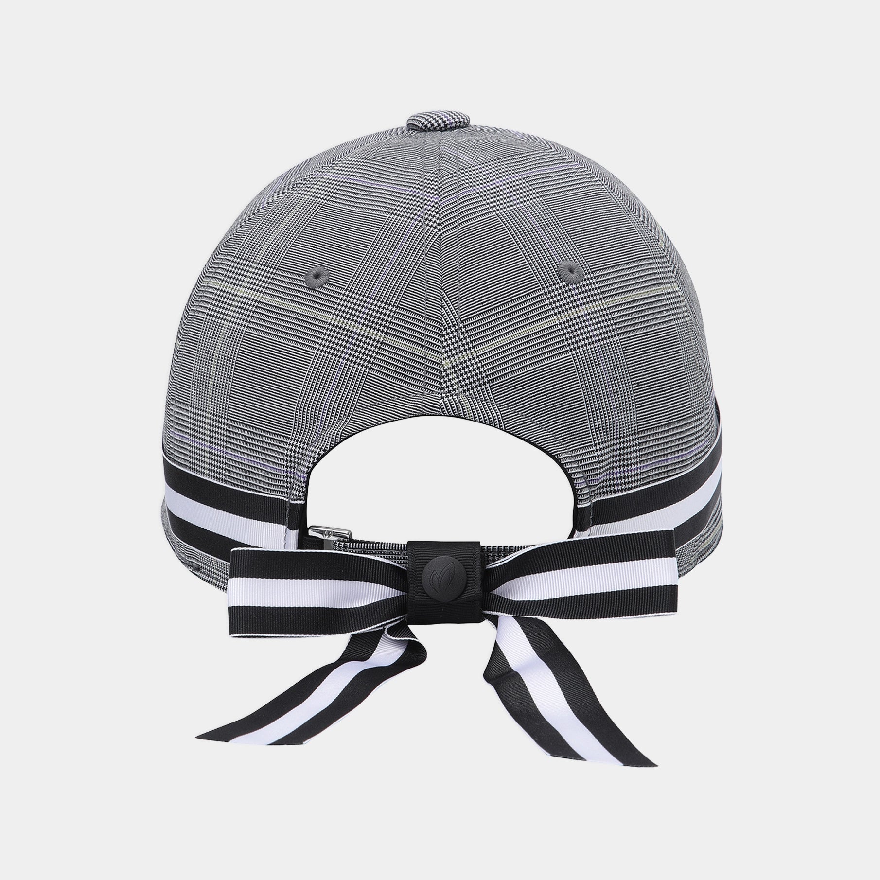A gray and black plaid baseball cap shown from the back, featuring a black and white striped ribbon bow with a snap closure on the back.