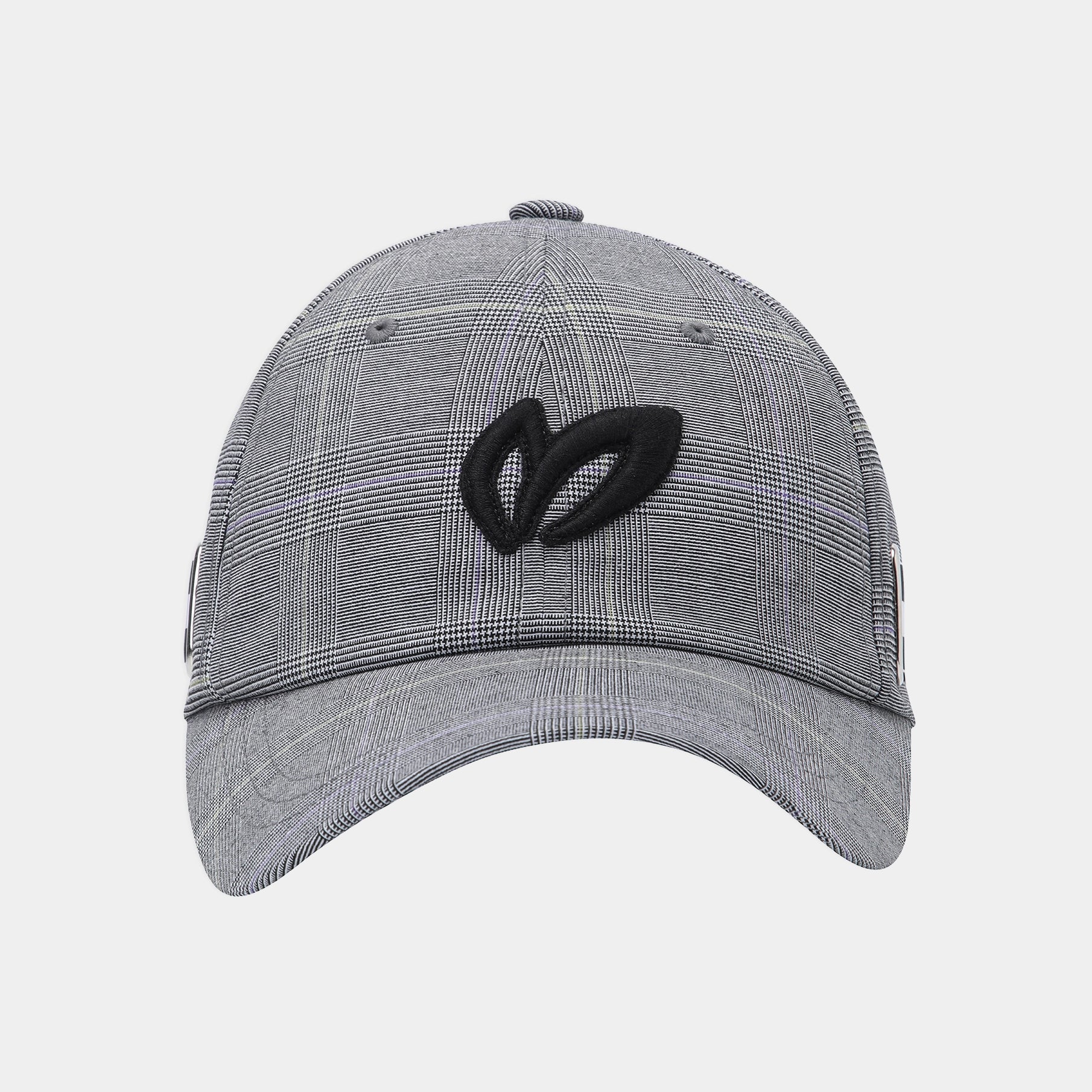 A gray and black plaid baseball cap with a black embroidered stylized leaf logo on the front, shown against a light gray background.