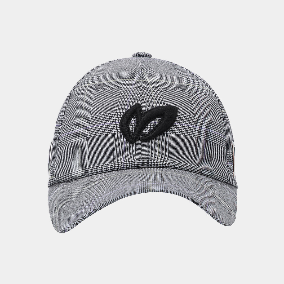 A gray and black plaid baseball cap with a black embroidered stylized leaf logo on the front, shown against a light gray background.