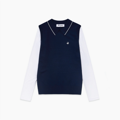 A navy blue knit sweater vest layered over a white long-sleeve collared shirt, featuring a small white embroidered rooster logo on the left chest. 