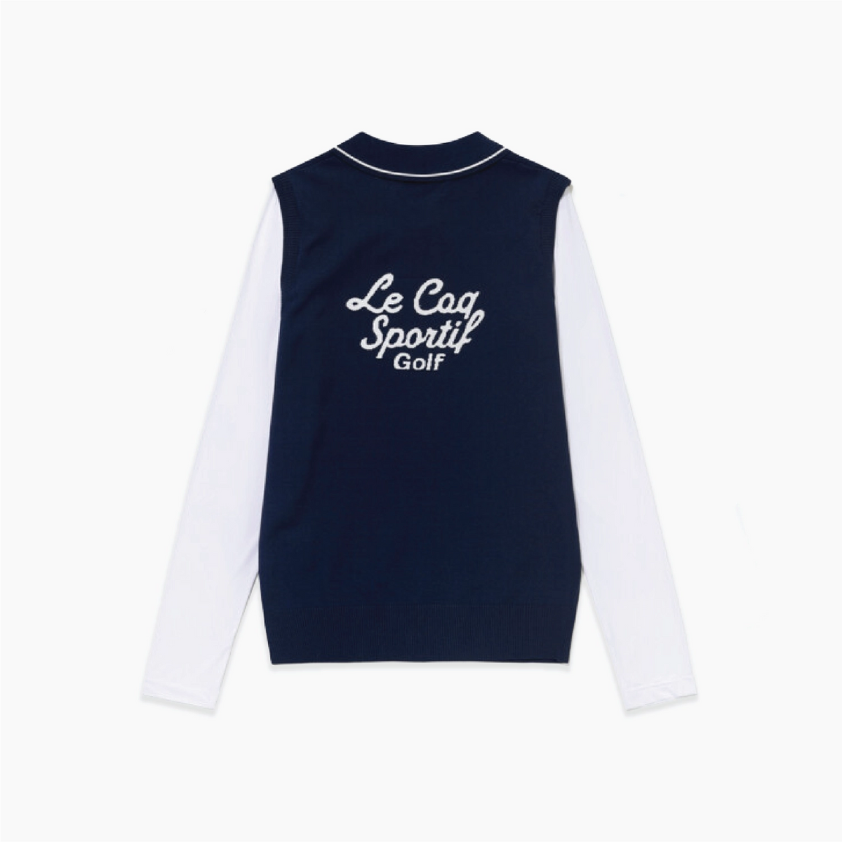 A navy blue sleeveless vest layered over a white long-sleeve shirt, shown from the back. The back features the text 'Le Caq Sportif Golf' printed in white script and block lettering.
