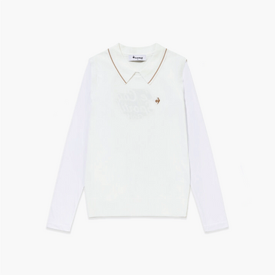 A white long-sleeve knit polo-style top with a folded collar trimmed in brown, featuring a tonal embroidered chest design and a small brown embroidered logo on the left chest, shown flat against a white background.