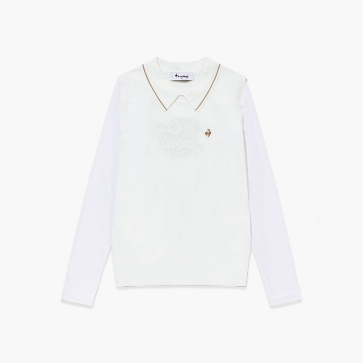 A white long-sleeve knit polo-style top with a folded collar trimmed in brown, featuring a tonal embroidered chest design and a small brown embroidered logo on the left chest, shown flat against a white background.