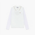 A white long-sleeve knit polo-style top with a folded collar trimmed in brown, featuring a tonal embroidered chest design and a small brown embroidered logo on the left chest, shown flat against a white background.