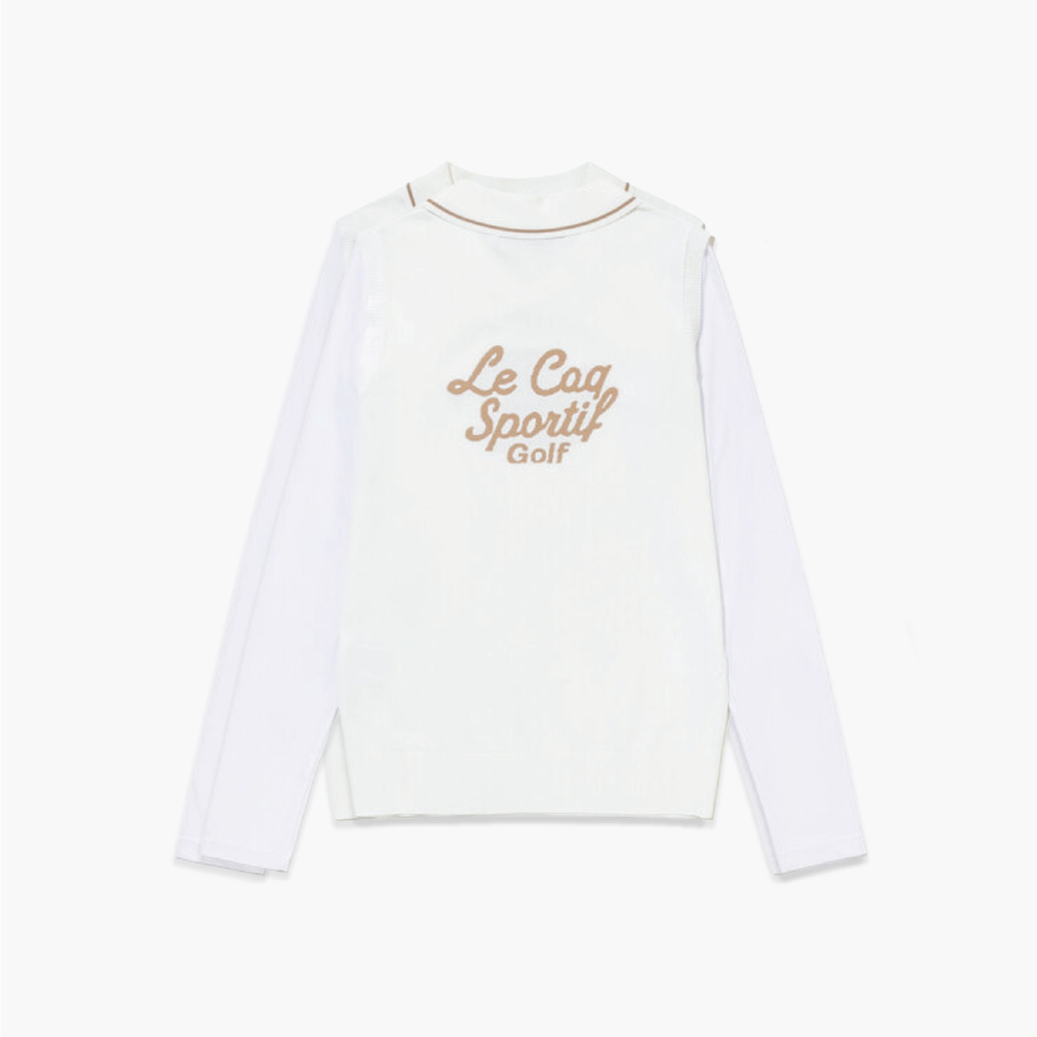 A white long-sleeve golf shirt with a mock neck, featuring 'Le Coq Sportif Golf' printed in a dusty rose-brown script on the chest, displayed on a clean white background.