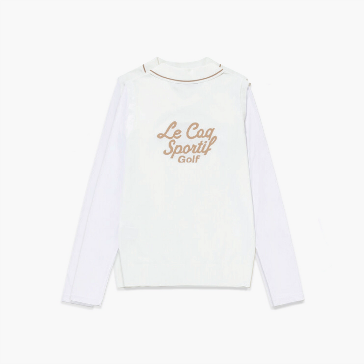 A white long-sleeve golf shirt with a mock neck, featuring 'Le Coq Sportif Golf' printed in a dusty rose-brown script on the chest, displayed on a clean white background.