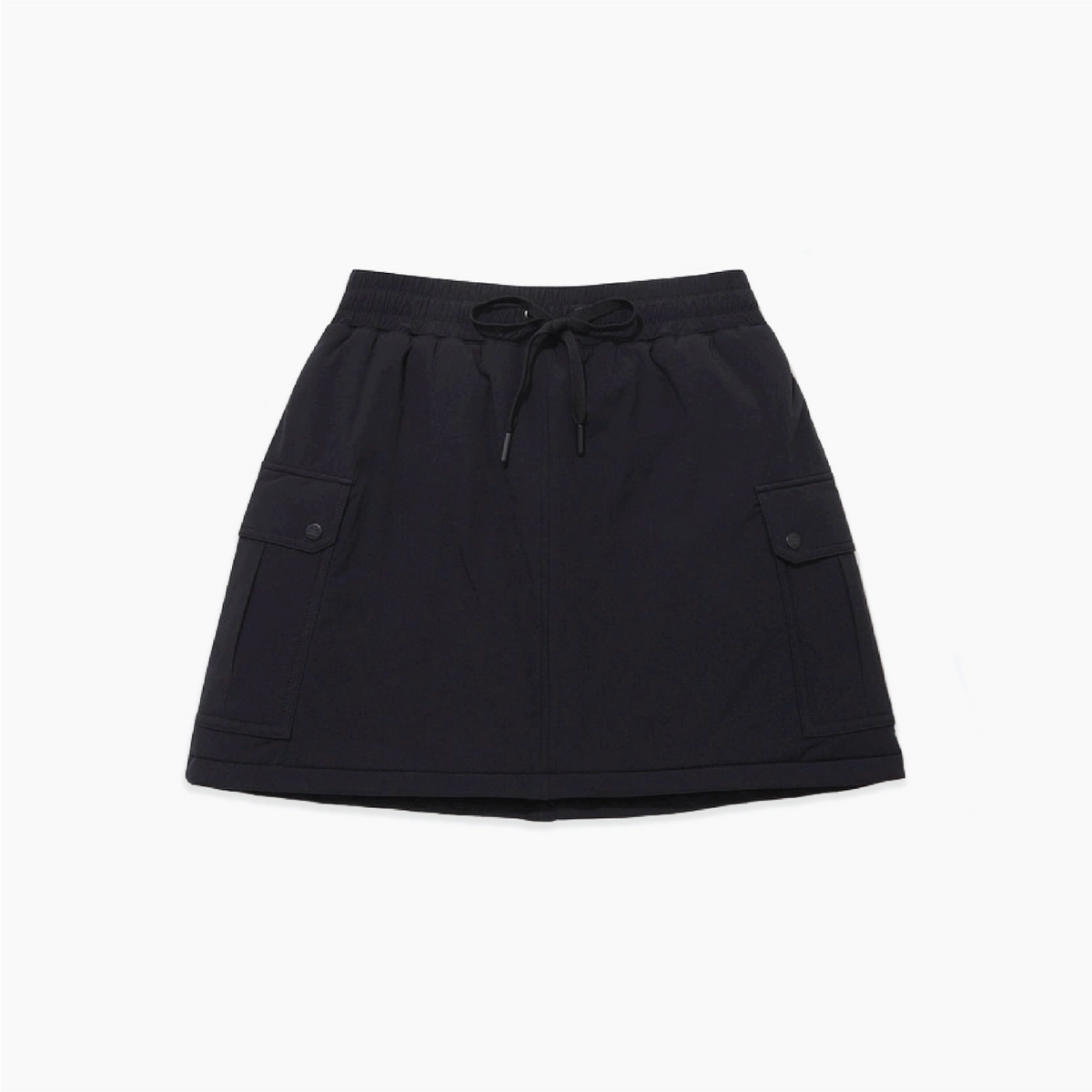A black A-line mini skirt with an elastic drawstring waist, side cargo pockets with button closures, and a relaxed fit, shown flat on a white background.