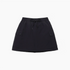 A black A-line mini skirt with an elastic drawstring waist, side cargo pockets with button closures, and a relaxed fit, shown flat on a white background.