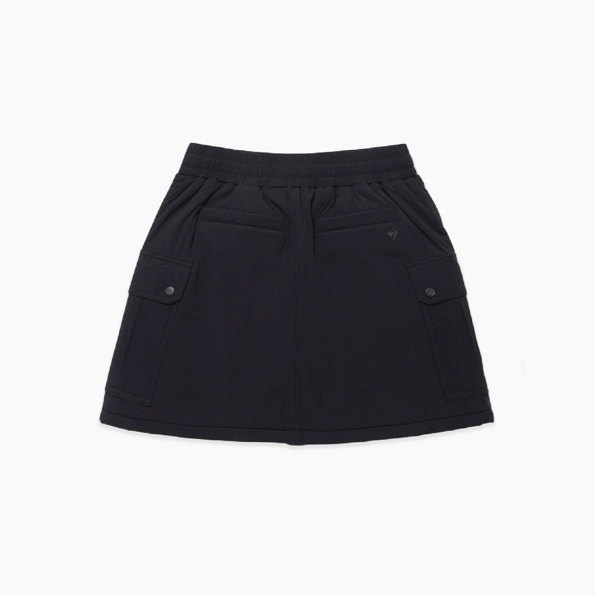 A black athletic mini skirt with an elastic waistband, side cargo pockets with snap buttons, and a small embroidered logo on the upper right hip, shown flat on a white background.