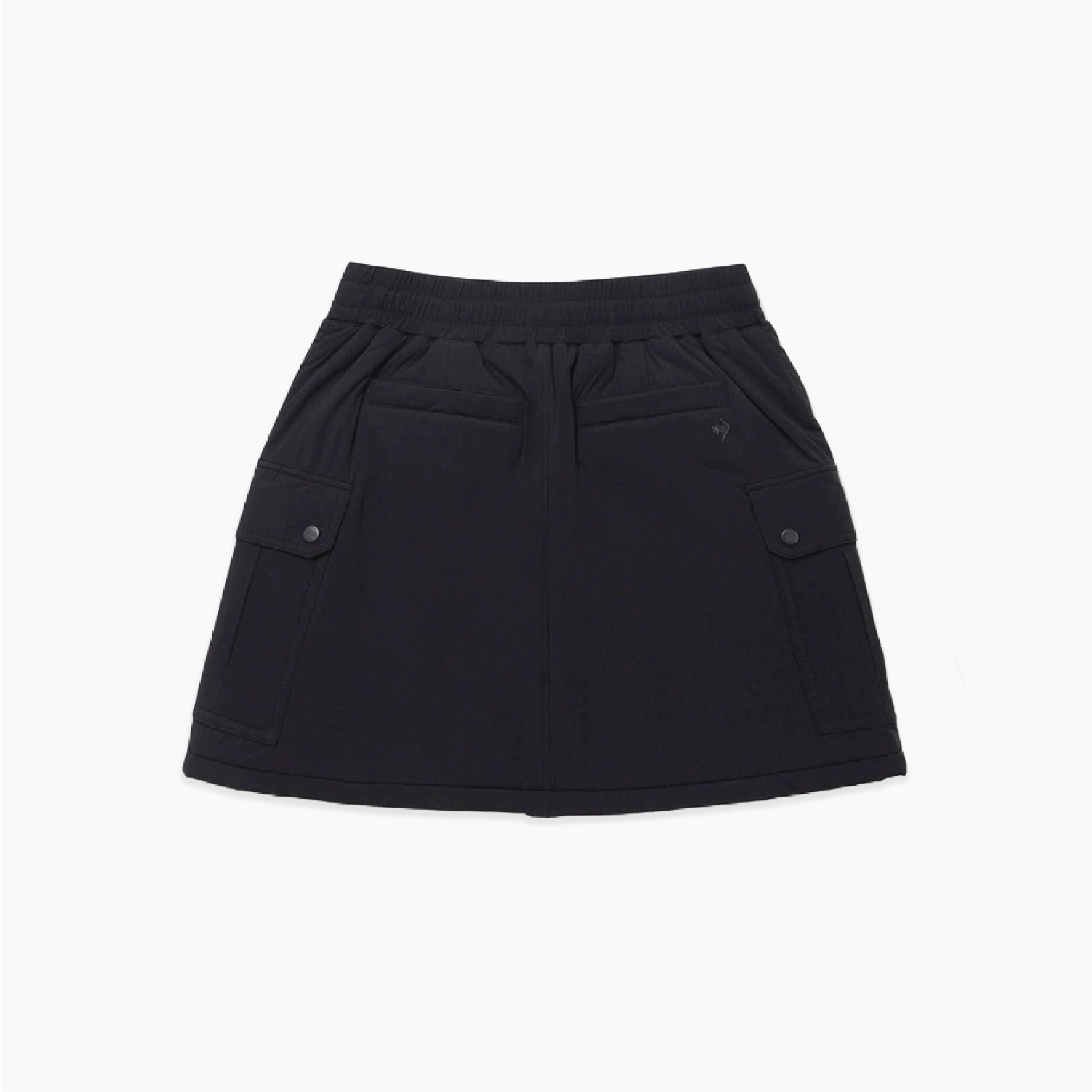 A black athletic mini skirt with an elastic waistband, side cargo pockets with snap buttons, and a small embroidered logo on the upper right hip, shown flat on a white background.
