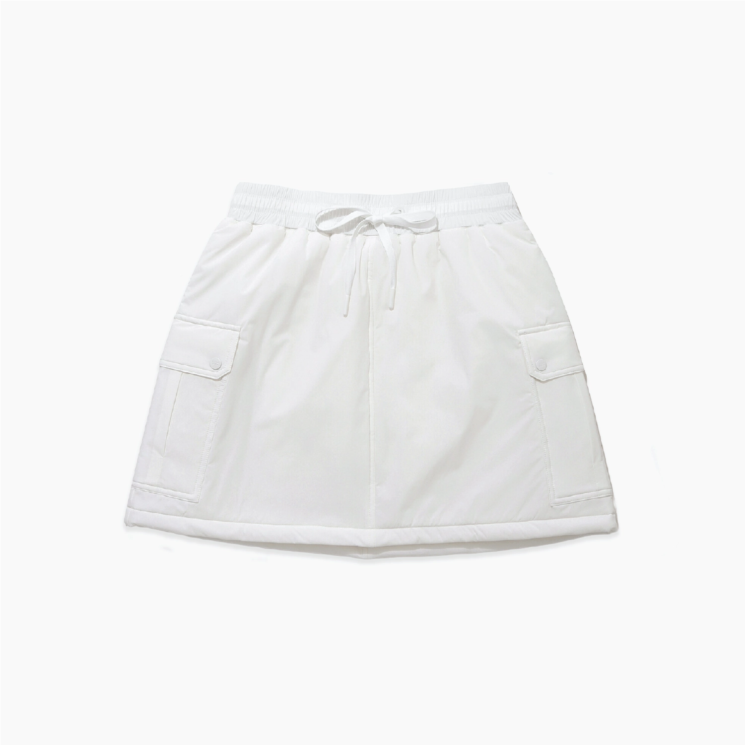 A white A-line mini skirt with an elastic waistband, drawstring, and side cargo pockets, shown flat on a white background.