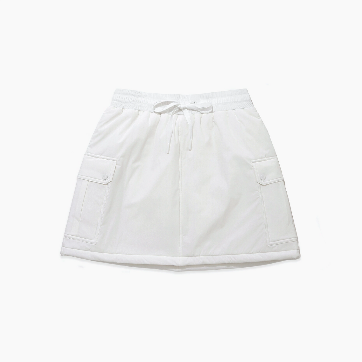 A white A-line mini skirt with an elastic waistband, drawstring, and side cargo pockets, shown flat on a white background.