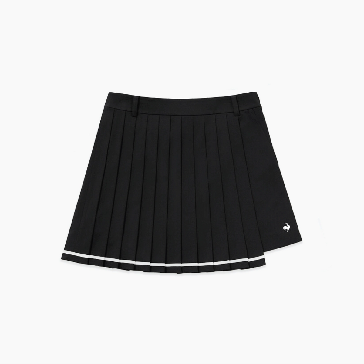 A black pleated skirt with a white stripe along the hem and a small white logo on the side, displayed flat against a light gray background.