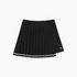 A black pleated skirt with a white stripe along the hem and a small white logo on the side, displayed flat against a light gray background.