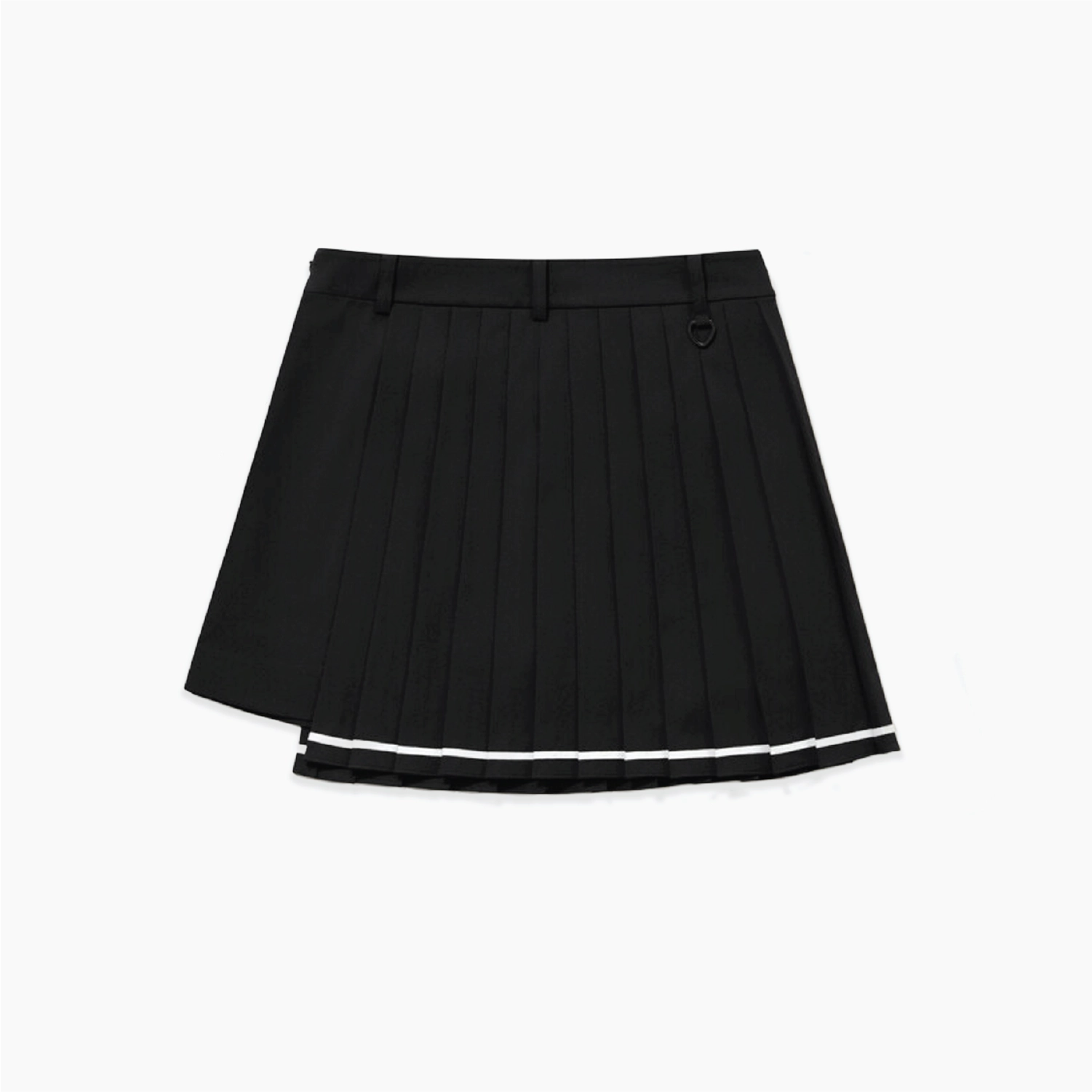 A black pleated mini skirt with a white stripe detail along the hem, displayed flat against a light gray background.