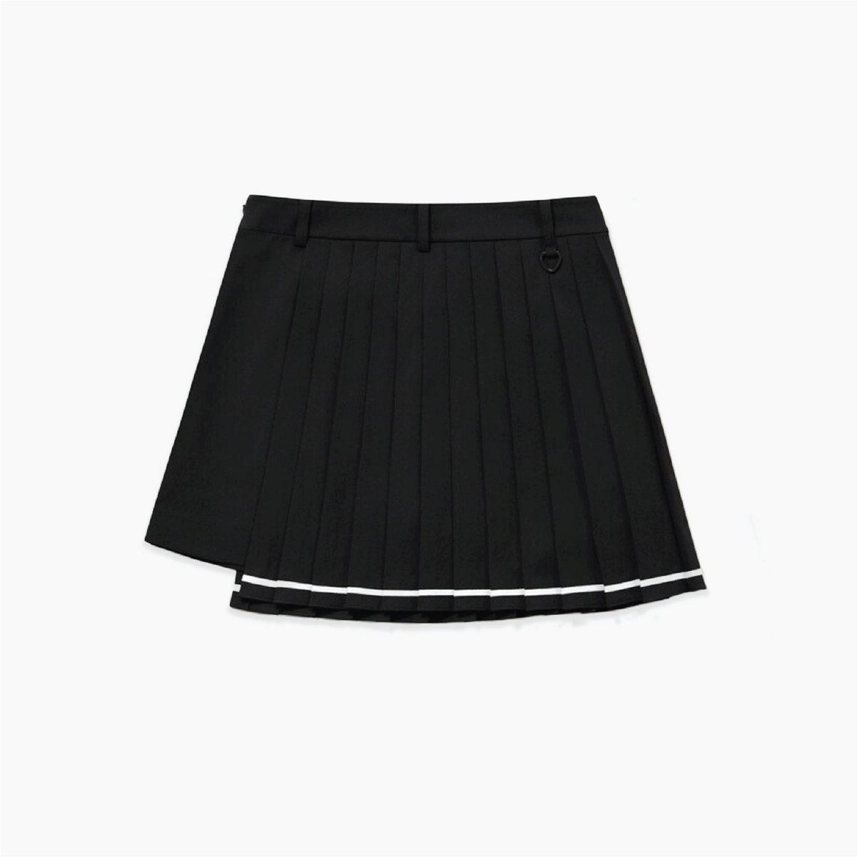 A black pleated mini skirt with a white stripe detail along the hem, displayed flat against a light gray background.