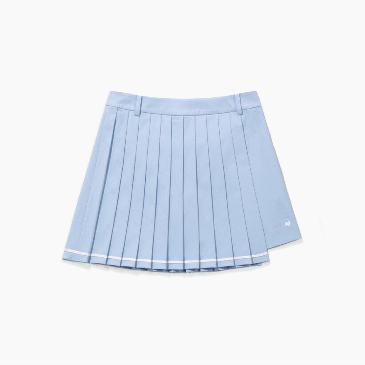 A light blue pleated mini skirt with white piping along the hem and a small white embroidered logo on the side, displayed flat against a clean white background.