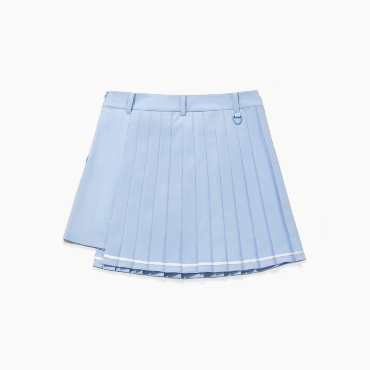 A light blue pleated skirt with a white stripe detail along the hem, displayed flat against a light gray background.