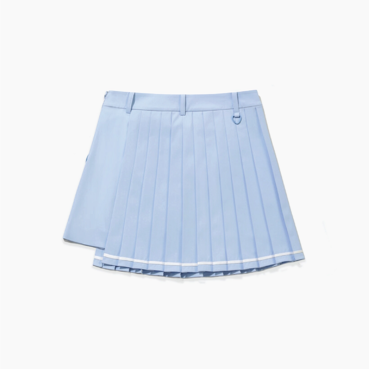 A light blue pleated skirt with a white stripe detail along the hem, displayed flat against a light gray background.
