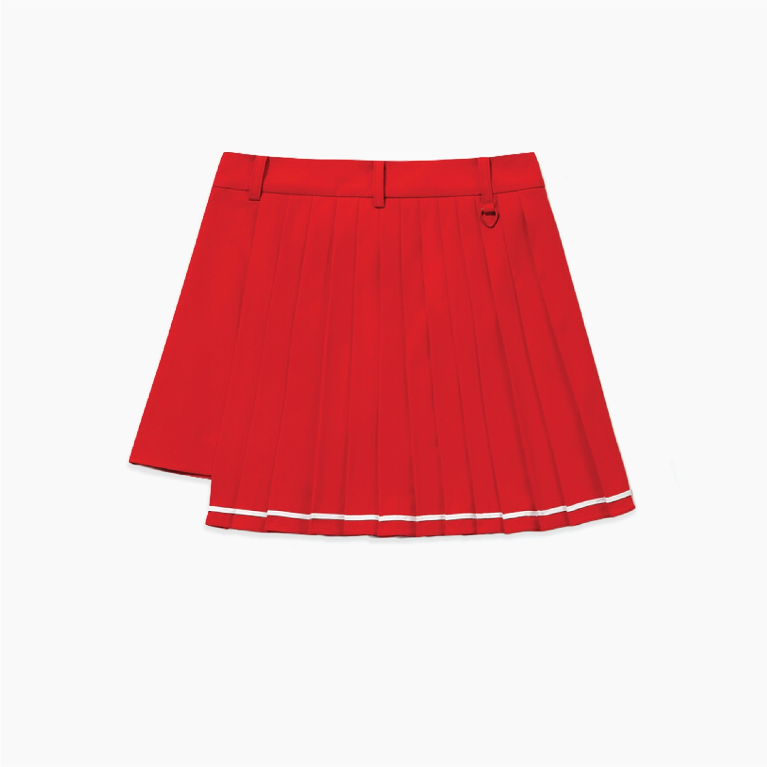 A bright red pleated skirt with a white stripe detail along the hem, displayed flat against a light gray background.