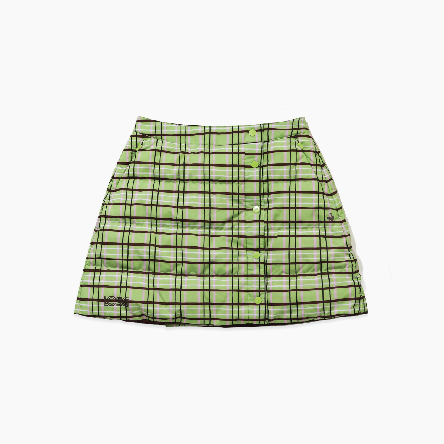 A green and black plaid puffer skirt with a button-up front, laid flat on a light gray background.